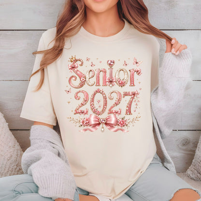 Senior 2027 DTF Transfer Ready to Press Graduation Heat Transfer for Shirts Pink Pearl Bow Coquette Flowers Butterflies Tee