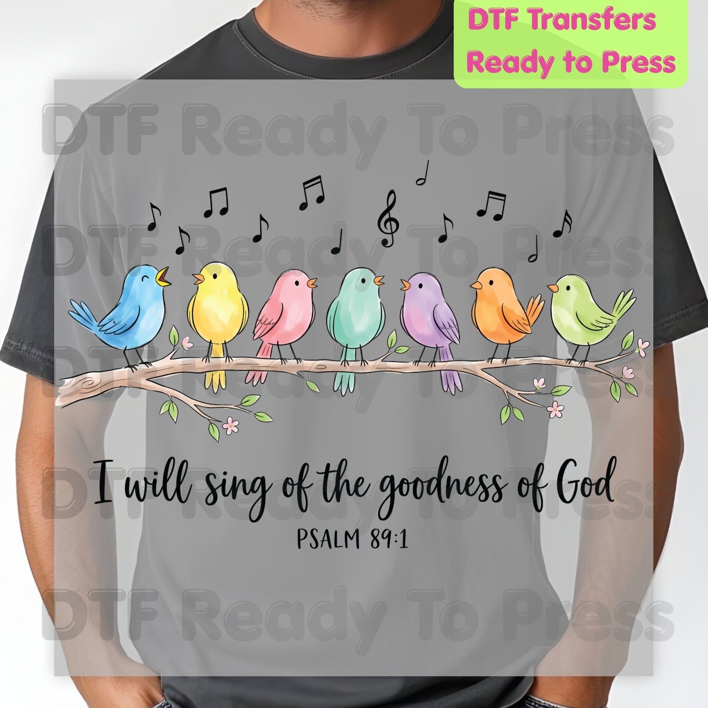 I Will Sing of the Goodness of God Christian DTF Transfer Ready to Press Christian Heat Transfer for Shirts Singing Birds Psalm 89:1 Tee