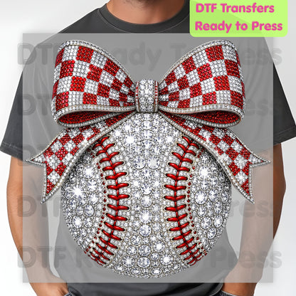 Coquette Baseball DTF Transfers, Sparkle Baseball Red Checkered Bow Sports Mom Girl Ready to Press