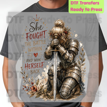 Inspirational Knight Girl DTF Transfers, She Fought the Battle Within Female Warrior Sword Armor Motivational Ready to Press