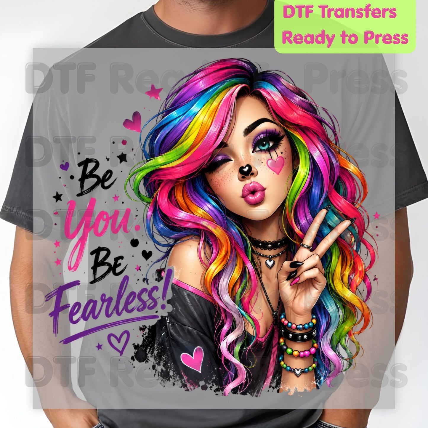 Be You Be Fearless DTF Transfers, Rainbow Hair Girl Colorful Girl Power Ready to Press