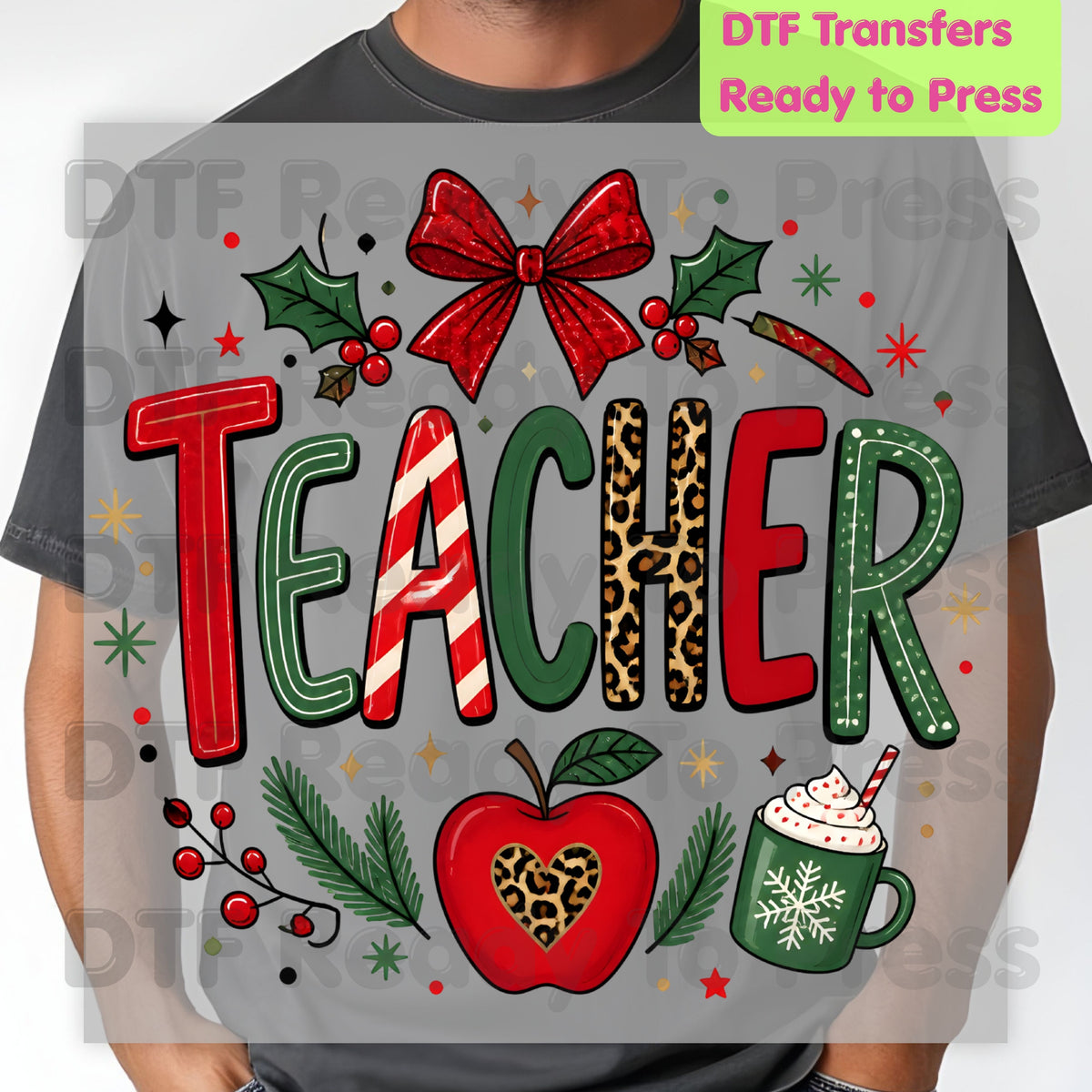 Christmas Teacher DTF Transfers, School Red Bow Apple Cocoa Leopard Holiday Ready to Press