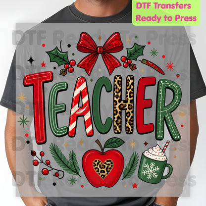 Christmas Teacher DTF Transfers, School Red Bow Apple Cocoa Leopard Holiday Ready to Press