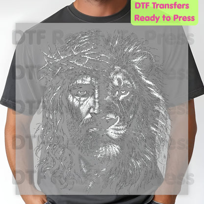 Jesus and Lion DTF Transfer Ready to Press Christian Heat Transfer for Shirts Crown of Thorns Religious Portrait Tee