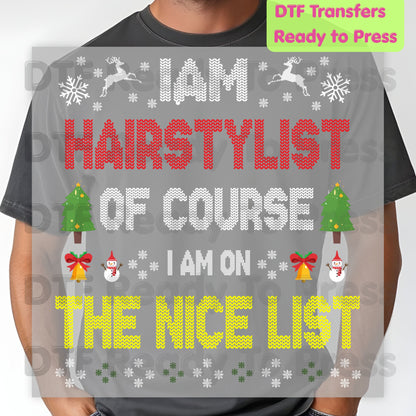 Christmas Hairstylist DTF Transfers, On the Nice List Salon Tree Sweater Holiday Ready to Press