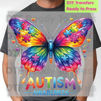 Autism Awareness DTF Transfer Ready to Press Rainbow Butterfly Puzzle Pieces Heat Transfer Tee Print Direct to Film Transfer