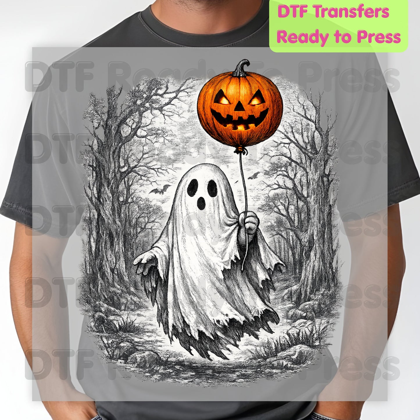 Vintage Halloween Ghost DTF Transfers, Pumpkin Balloon Spooky Forest Retro Ready to Press