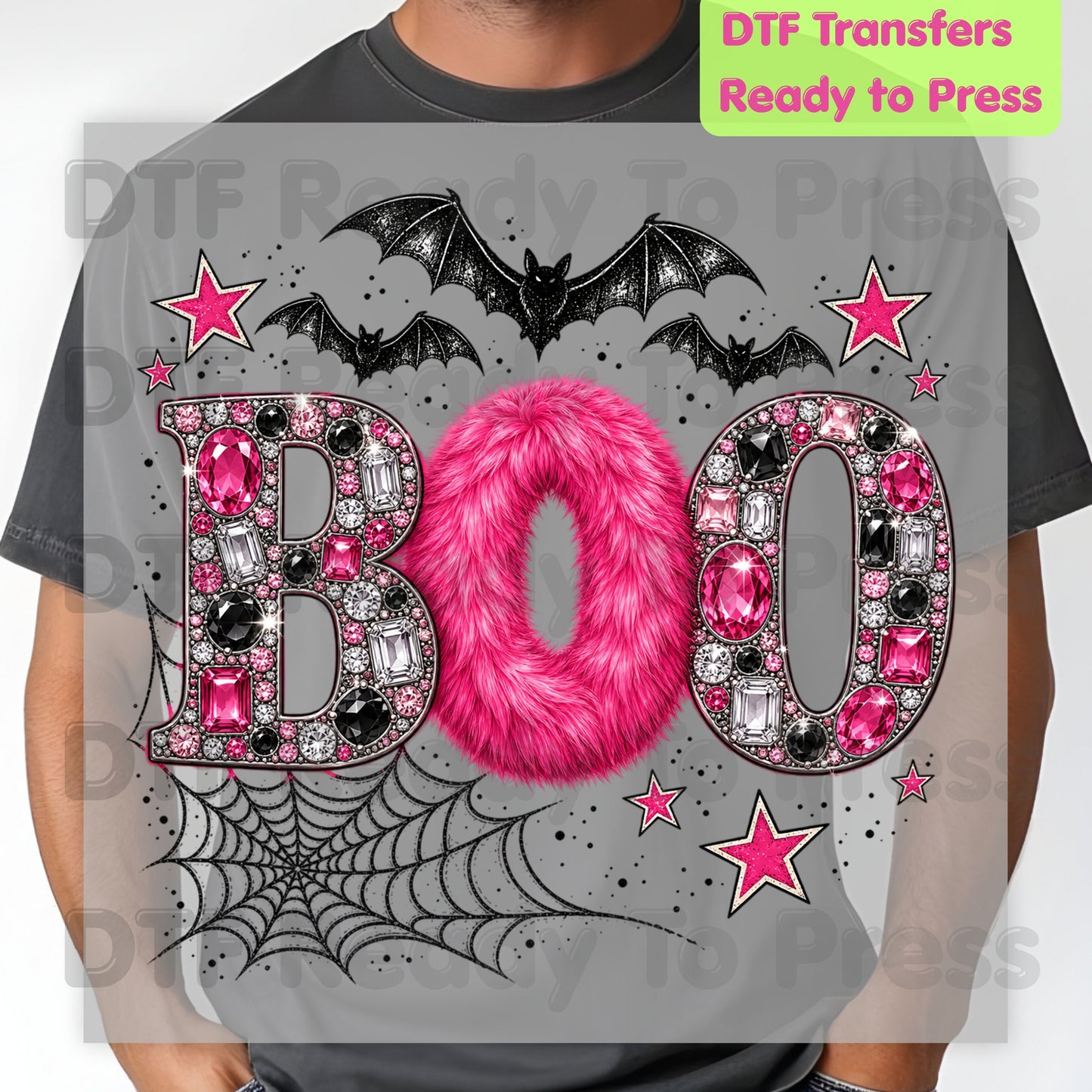 Boo Pink Glitter Bats DTF Transfers, Halloween Spider Web Sparkle Ready to Press