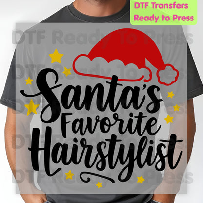 Santa's Favorite Hairstylist DTF Transfers, Christmas Salon Santa Hat Stars Holiday Ready to Press