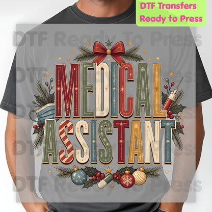 Christmas Medical Assistant DTF Transfers, Holiday Nurse Mask Syringe Bow Medical Ready to Press