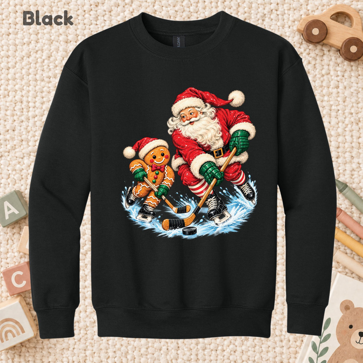 Christmas Hockey T-Shirt, Santa and Gingerbread Man Playing Hockey, Funny Holiday Sports Tee