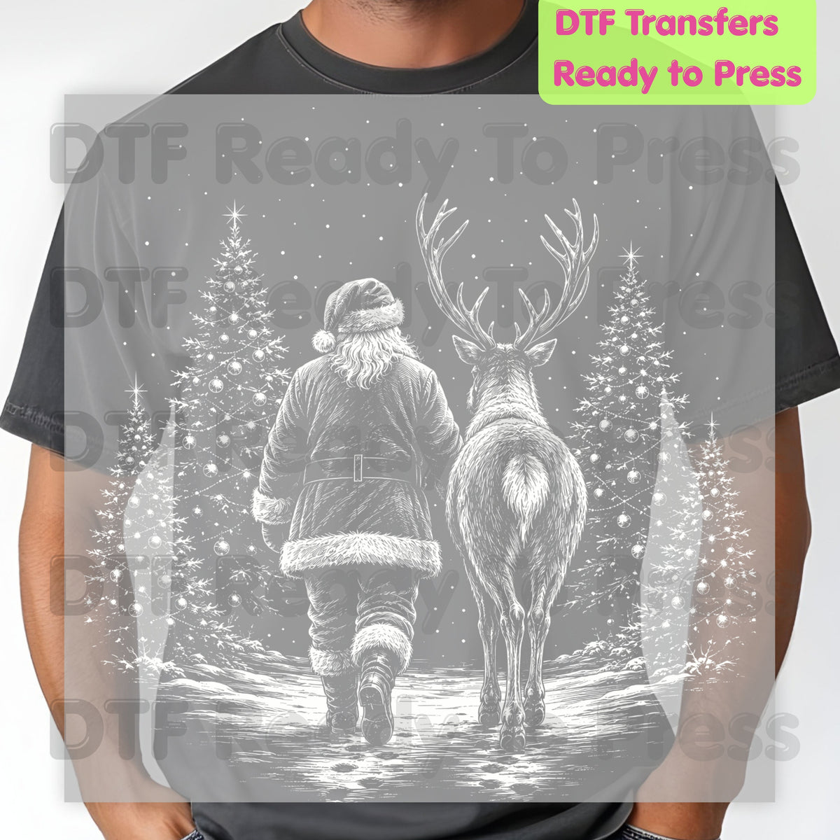 Black White Santa DTF Transfers, Reindeer Forest Vintage Christmas Holiday Ready to Press