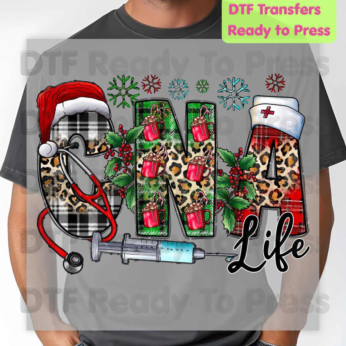 Christmas CNA Life DTF Transfers, Medical Nurse Leopard Plaid Syringe Holiday Ready to Press