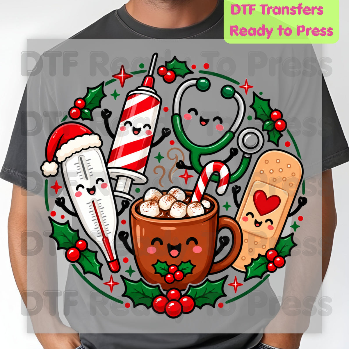 Christmas Medical Squad DTF Transfers, Cute Nurse Holiday Cocoa Stethoscope Graphic Ready to Press