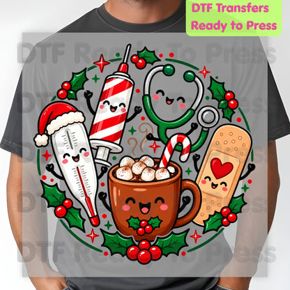 Christmas Medical Squad DTF Transfers, Cute Nurse Holiday Cocoa Stethoscope Graphic Ready to Press