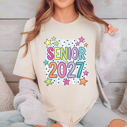 Senior 2027 DTF Transfer Ready to Press Graduation Heat Transfer for Shirts Colorful Pastels Bubble Letters Stars Stripes Tee