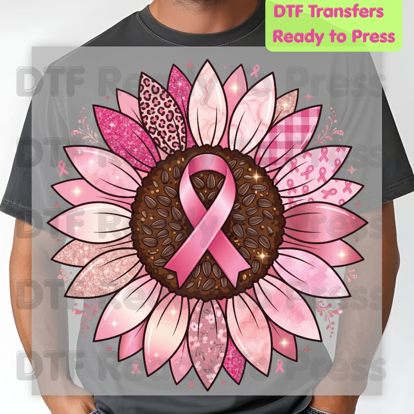 Pink Sunflower Breast Cancer Awareness DTF Transfer Ready to Press Heat Transfer Ribbon Tee