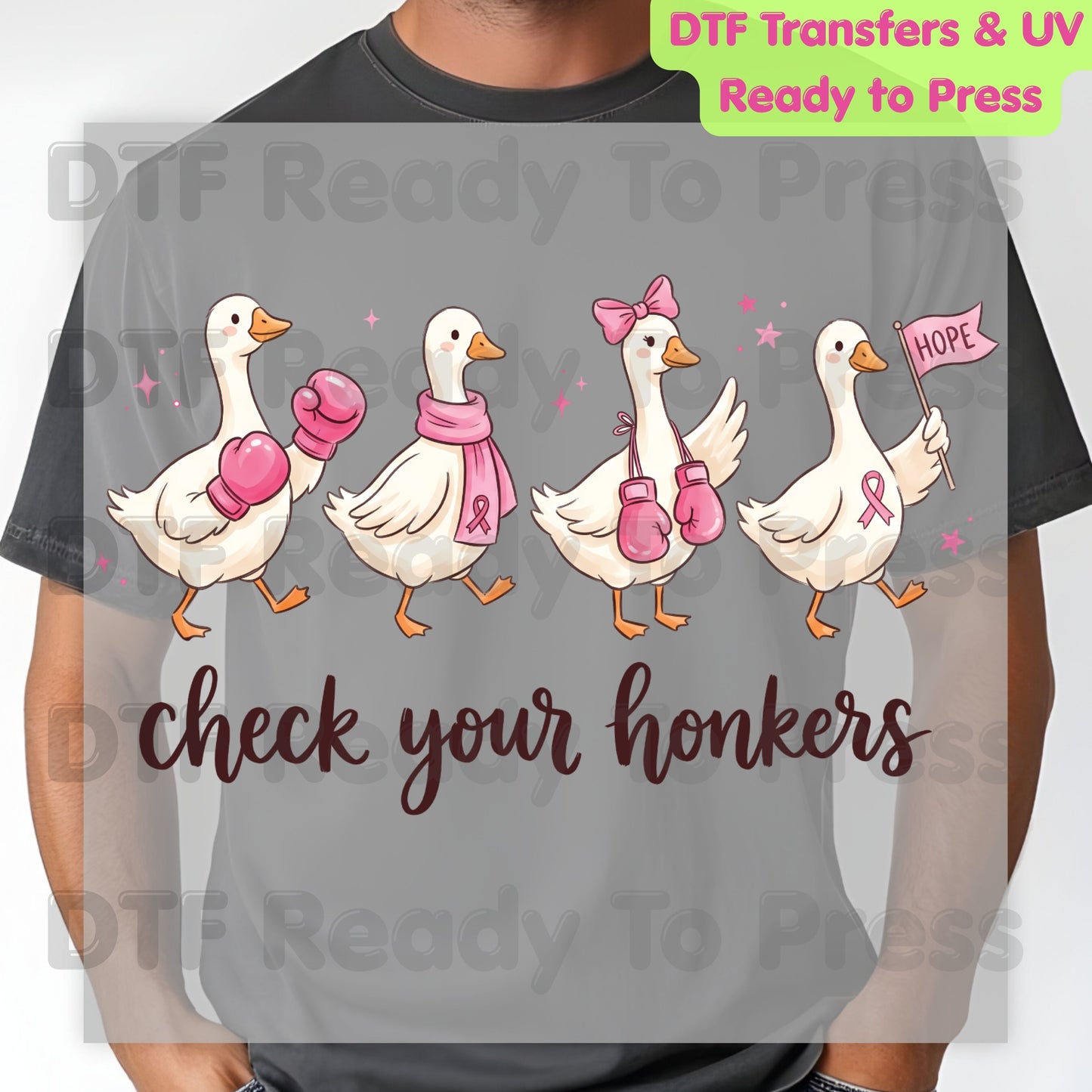 Breast Cancer Awareness Check Your Honkers DTF Transfer Ready to Press Funny Duck Heat Transfer Pink Ribbon Tee