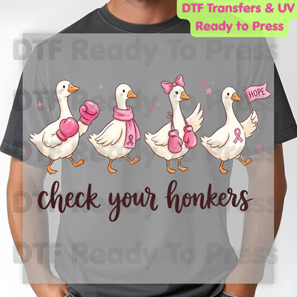 Breast Cancer Awareness Check Your Honkers DTF Transfer Ready to Press Funny Duck Heat Transfer Pink Ribbon Tee