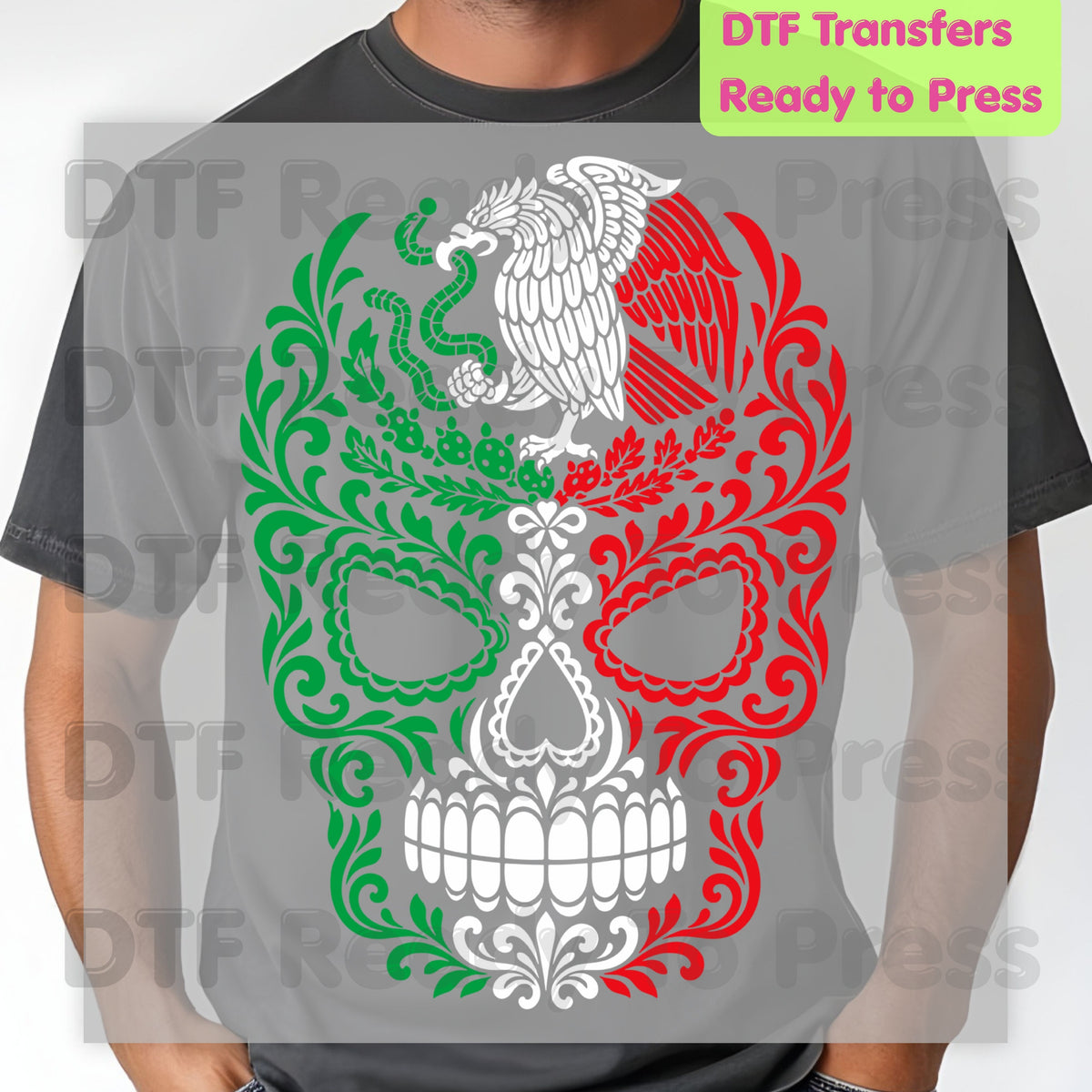 Mexican Flag Sugar Skull DTF Transfers, Eagle Coat of Arms Dia de los Muertos Ready to Press