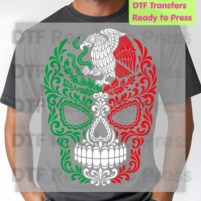 Mexican Flag Sugar Skull DTF Transfers, Eagle Coat of Arms Dia de los Muertos Ready to Press