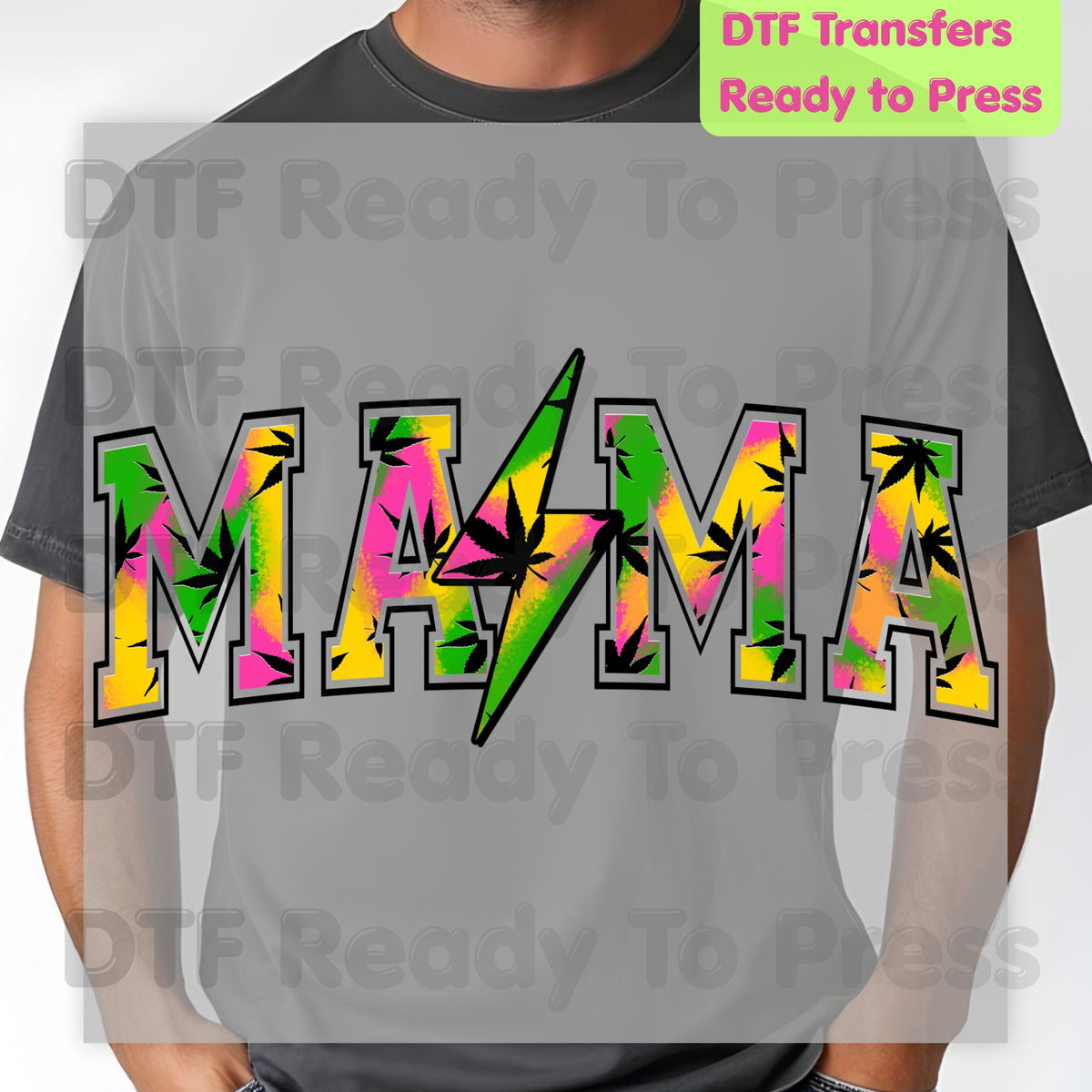 Mama DTF Transfers, Weed Leaf Lightning Bolt Colorful Tie Dye Retro Mama Ready to Press
