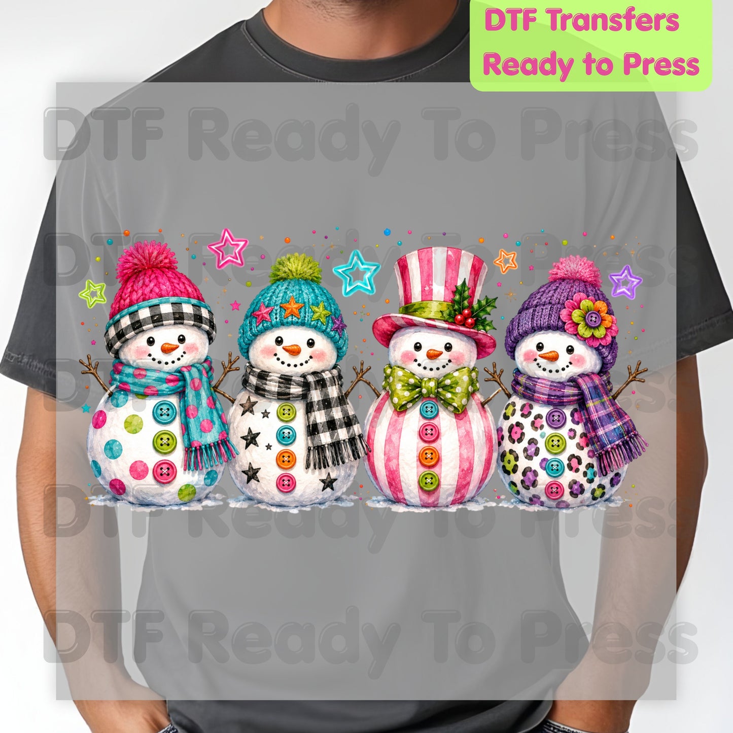 Christmas Colorful Snowmen DTF Transfers, Cute Winter Snowman Beanies Scarves Holiday Ready to Press