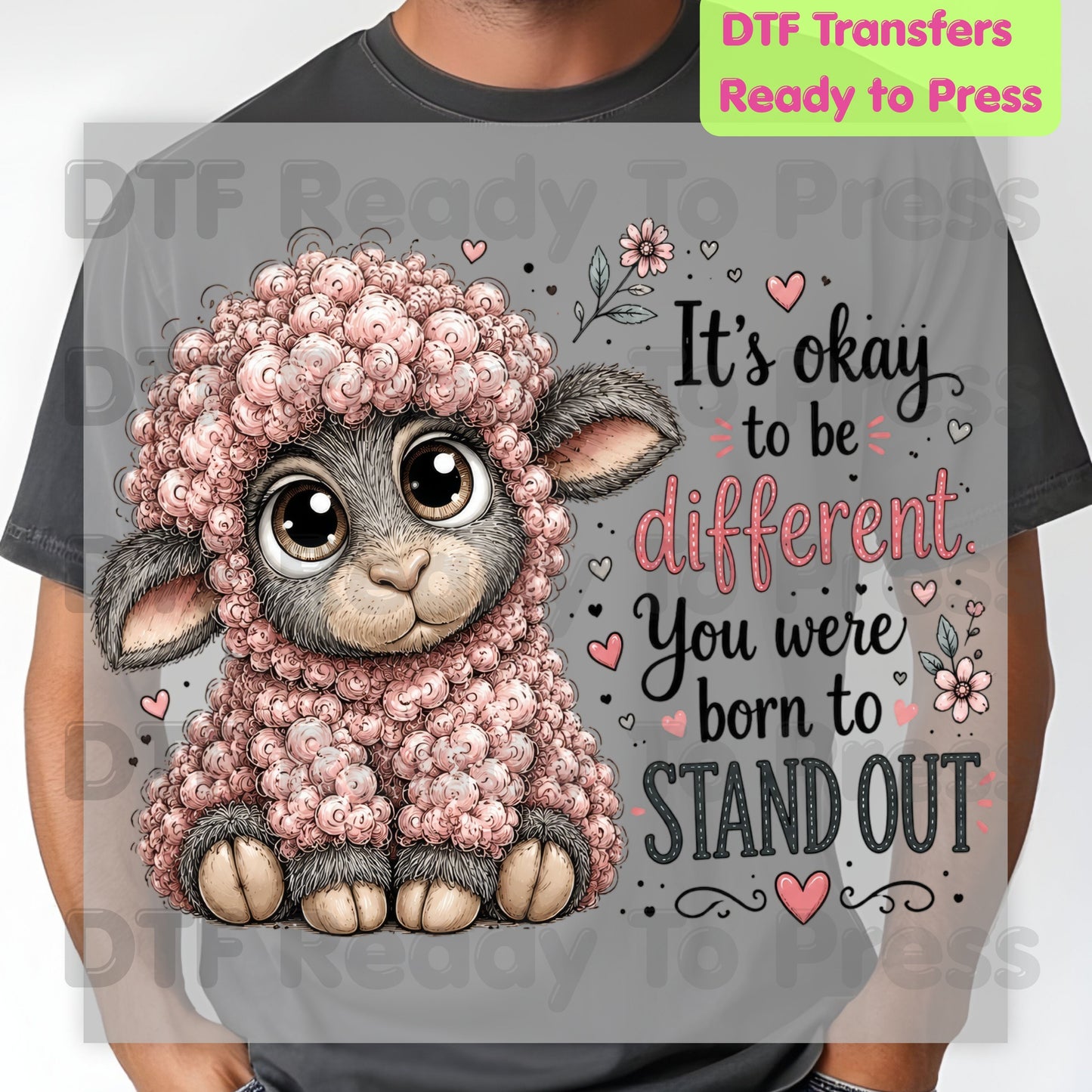 Inspirational DTF Transfers, Black Sheep Born to Stand Out Cute Lamb Quote Ready to Press