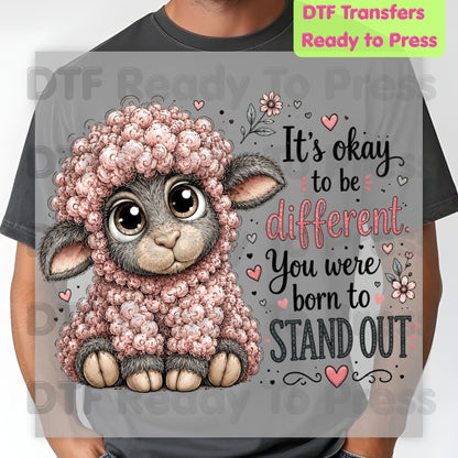 Inspirational DTF Transfers, Black Sheep Born to Stand Out Cute Lamb Quote Ready to Press