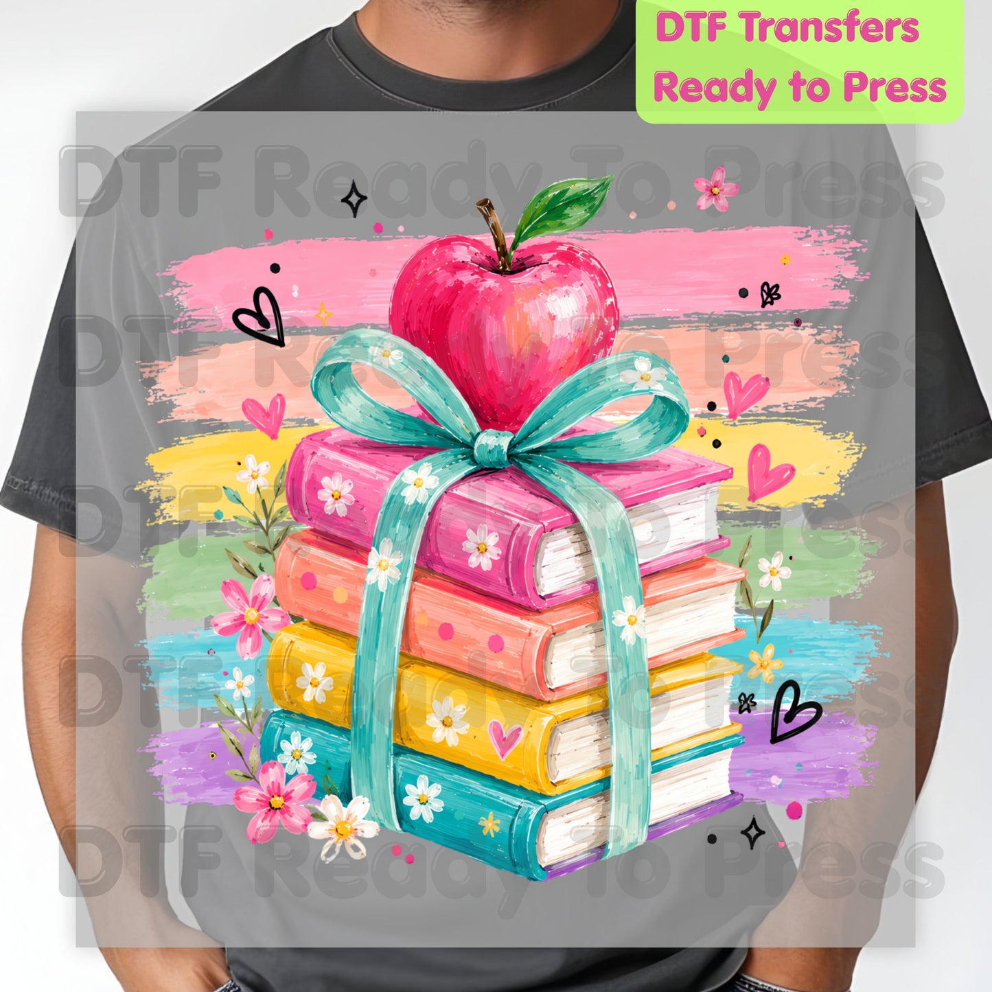 Coquette Stacked Books DTF Transfers, Apple Ribbon Colorful Teacher Brushstrokes Ready to Press