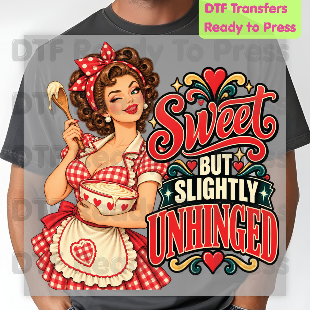 Retro DTF Transfer, Sweet but Slightly Unhinged Pinup Girl Baking Graphic