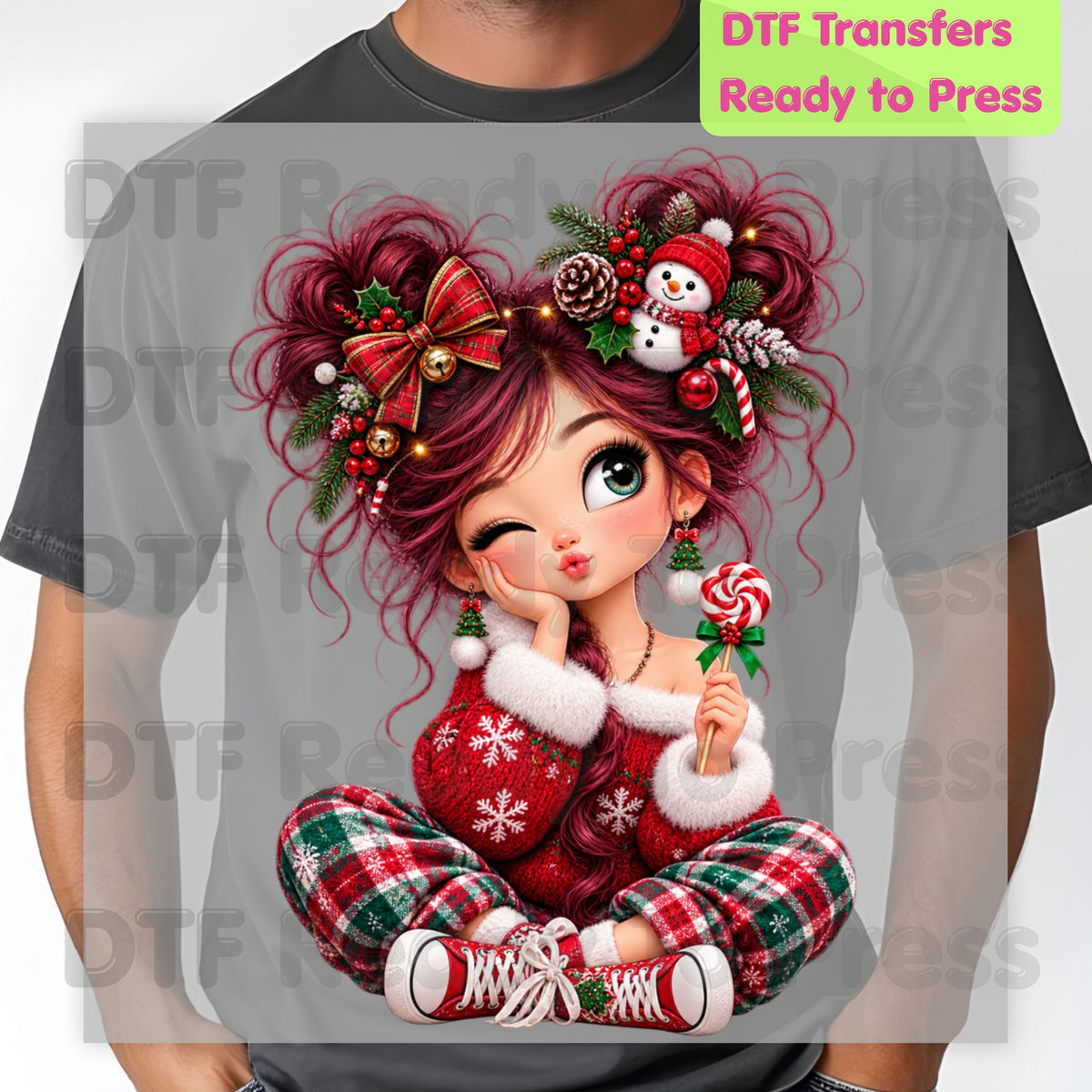 Christmas Girl DTF Transfers, Messy Bun Lollipop Cute Holiday Ready to Press