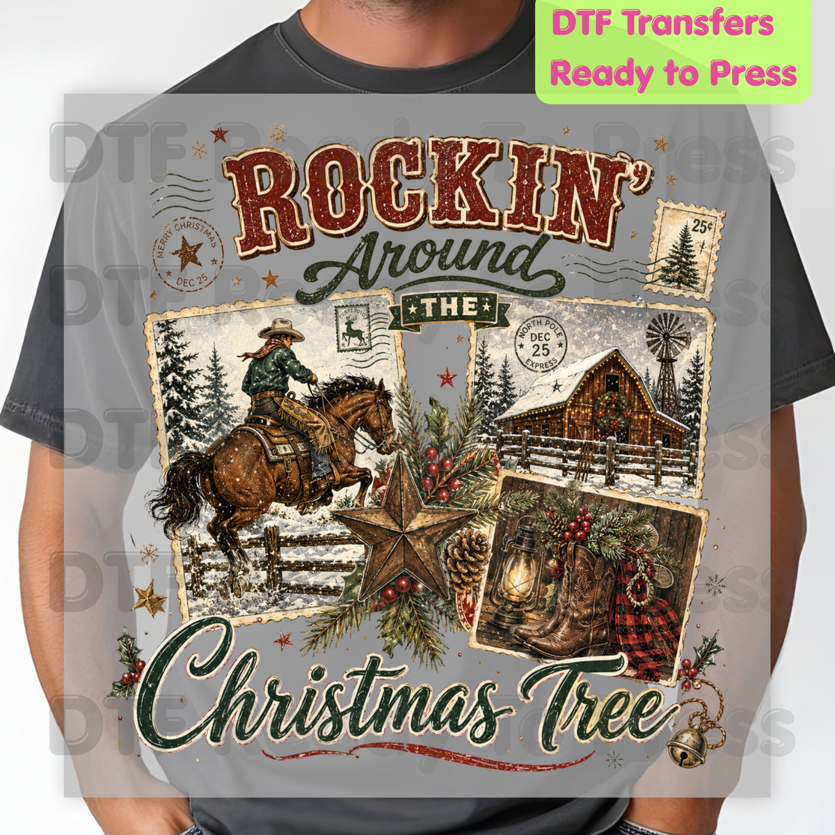 Rockin Around Christmas Tree DTF Transfers, Western Cowboy Barn Country Holiday Ready to Press