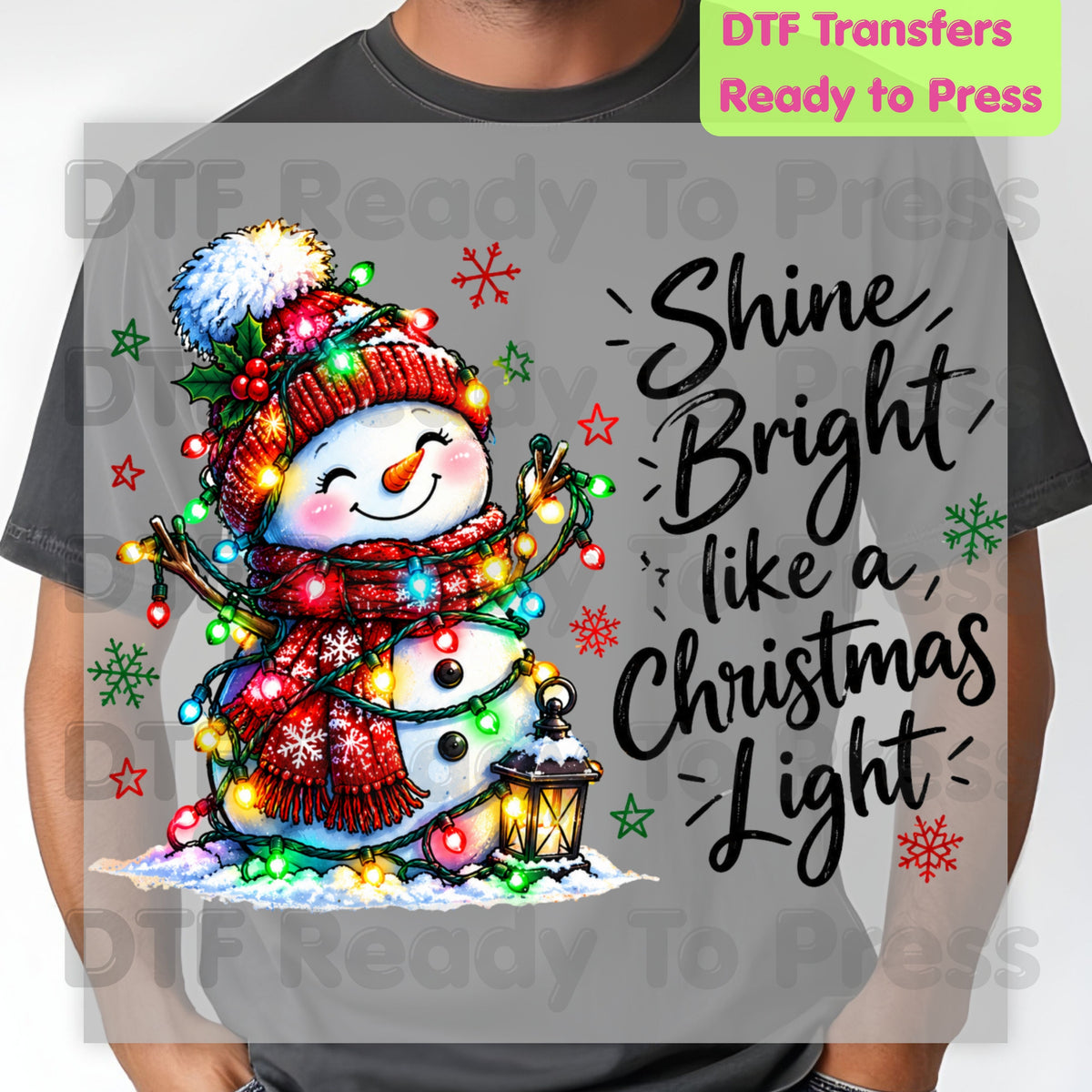 Shine Bright Christmas Snowman DTF Transfers, Holiday Lights Beanie Cute Winter Ready to Press
