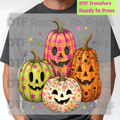 Pink Floral Pumpkin Halloween DTF Transfers, Colorful Spooky Season Ready to Press