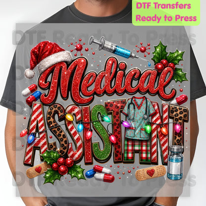 Christmas Medical Assistant DTF Transfers, Healthcare Scrubs Syringe Holiday Ready to Press
