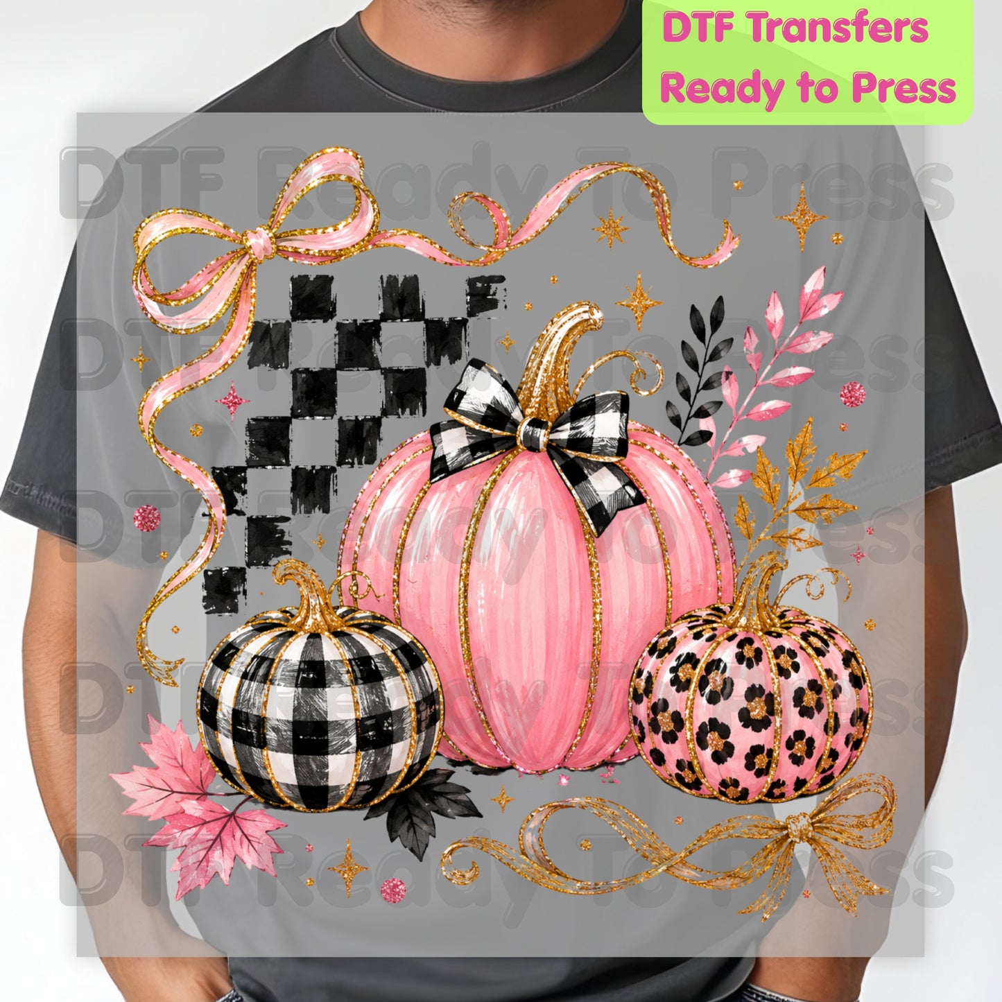 Pink Coquette Fall Pumpkin DTF Transfers, Leopard Plaid Ribbon Bow Checkered Autumn Ready to Press
