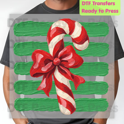 Candy Cane DTF Transfers, Red Bow Green Striped Background Vintage Christmas Holiday Ready to Press