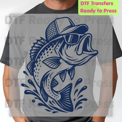 Fishing DTF Transfer, Bass Fish with Sunglasses and Trucker Hat Graphic