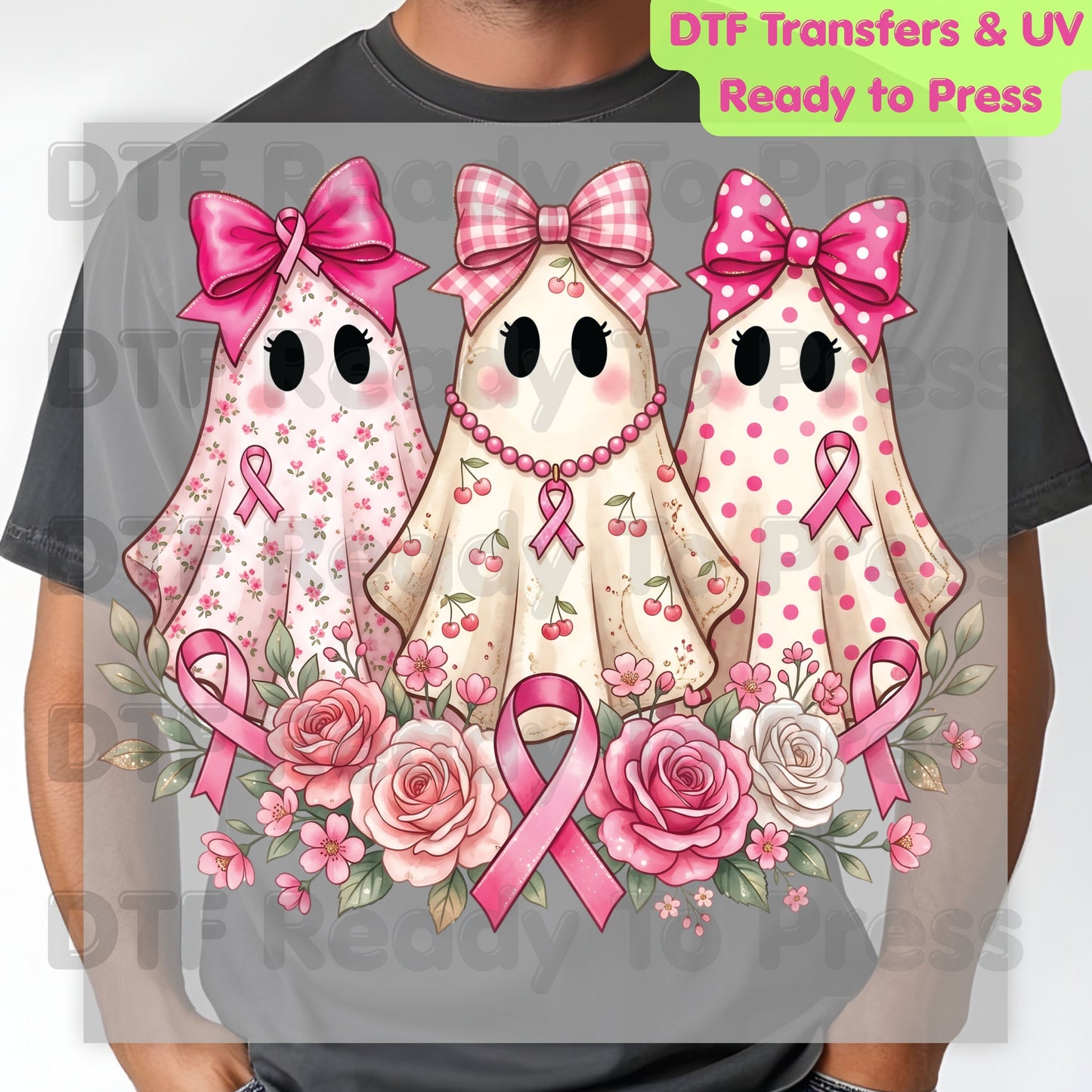Pink Ghost Boo Crew Breast Cancer Awareness DTF Transfer Ready to Press Heat Transfer Floral Ribbon Tee