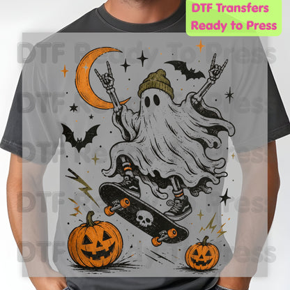 Halloween Skater Ghost DTF Transfers, Rock On Skateboarding Skeleton Crescent Moon Pumpkins Bats Spooky Ready to Press
