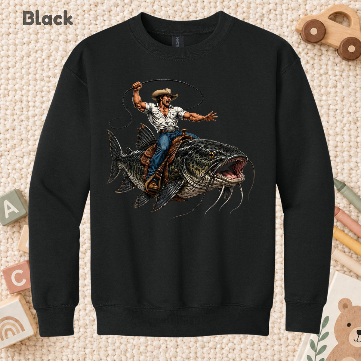Cowboy Riding Catfish T-Shirt, Funny Fishing Rodeo Southern Graphic Tee for Toddler and Kids