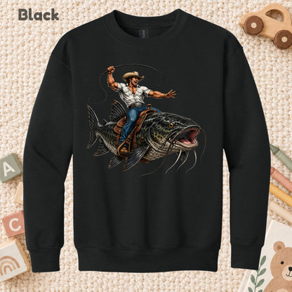 Cowboy Riding Catfish T-Shirt, Funny Fishing Rodeo Southern Graphic Tee for Toddler and Kids