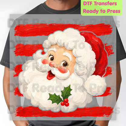 Vintage Santa Claus DTF Transfers, Red Striped Background Festive Christmas Holiday Ready to Press