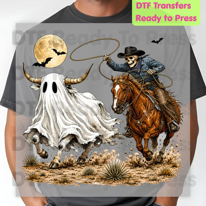 Halloween DTF Transfers, Skeleton Cowboy Ghost Bull Lasso Western Spooky Rodeo Ready to Press
