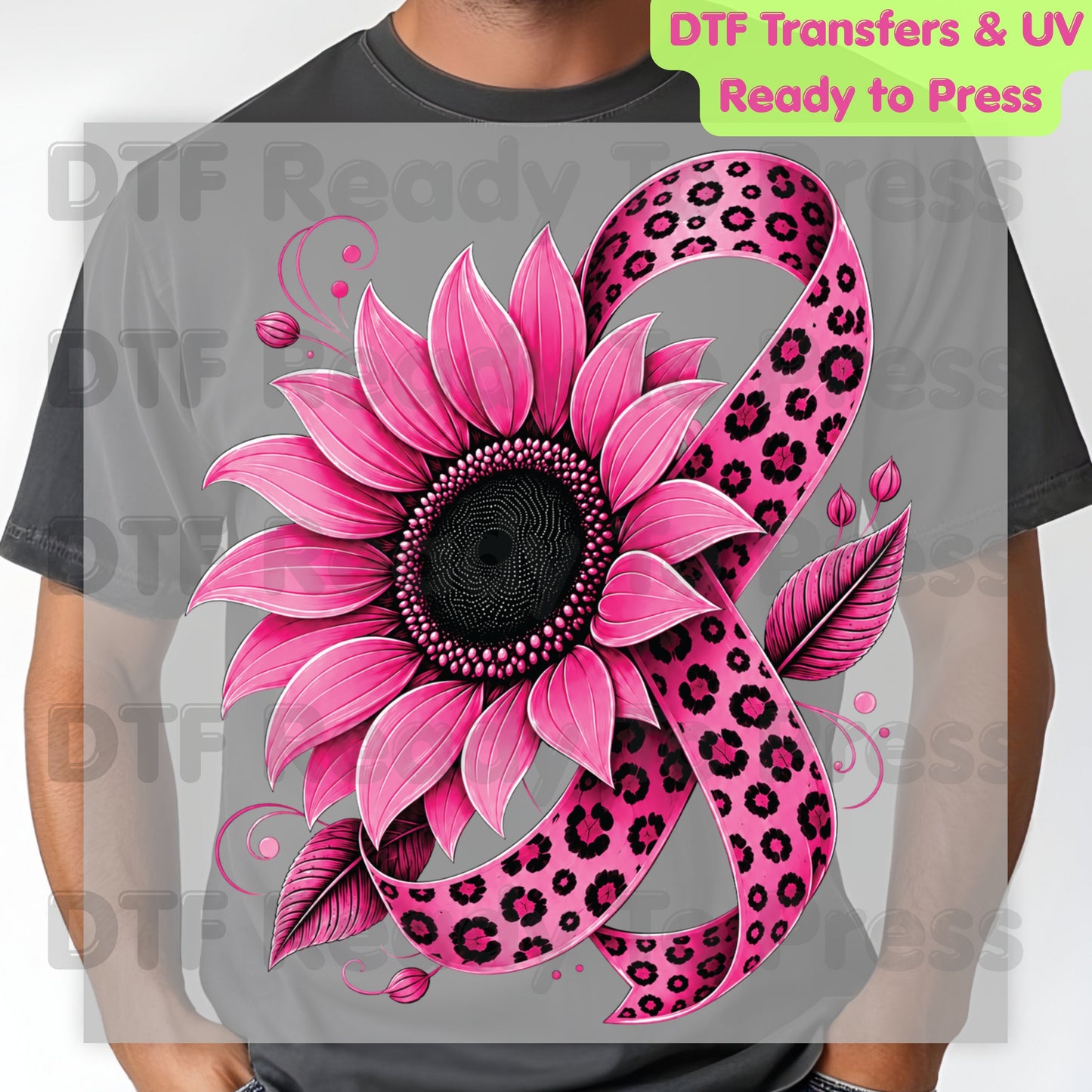 Pink Sunflower Leopard Ribbon Breast Cancer Awareness DTF Transfer Ready to Press Heat Transfer Survivor Tee