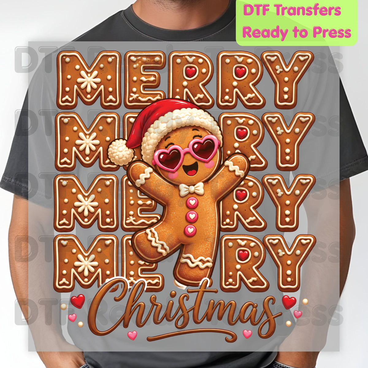 Christmas DTF Transfer, Merry Gingerbread Man with Sunglasses Graphic