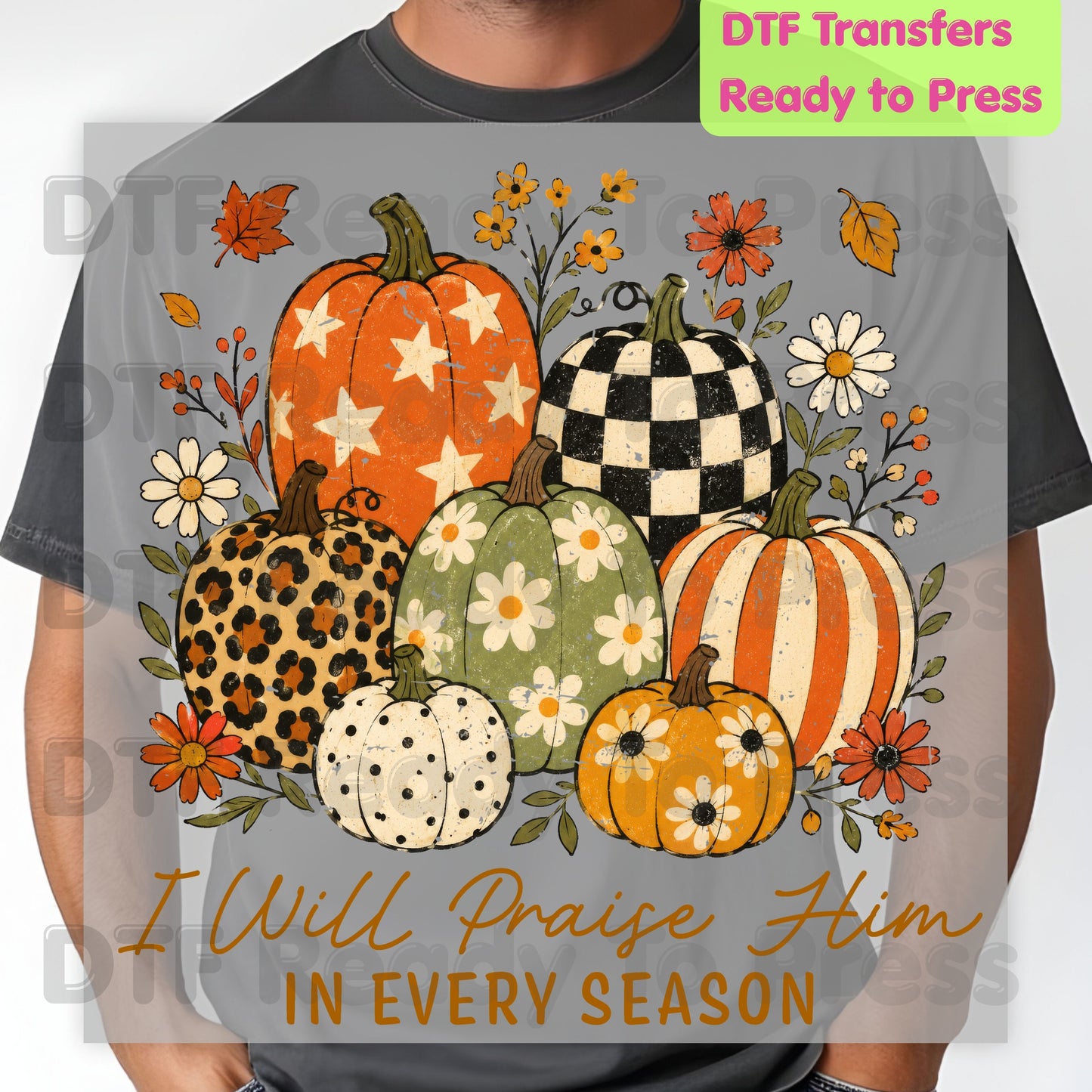Halloween I Will Praise Him In Every Season DTF Transfer Ready to Press Fall Pumpkin Heat Transfer For Shirts Floral Leopard Retro Print