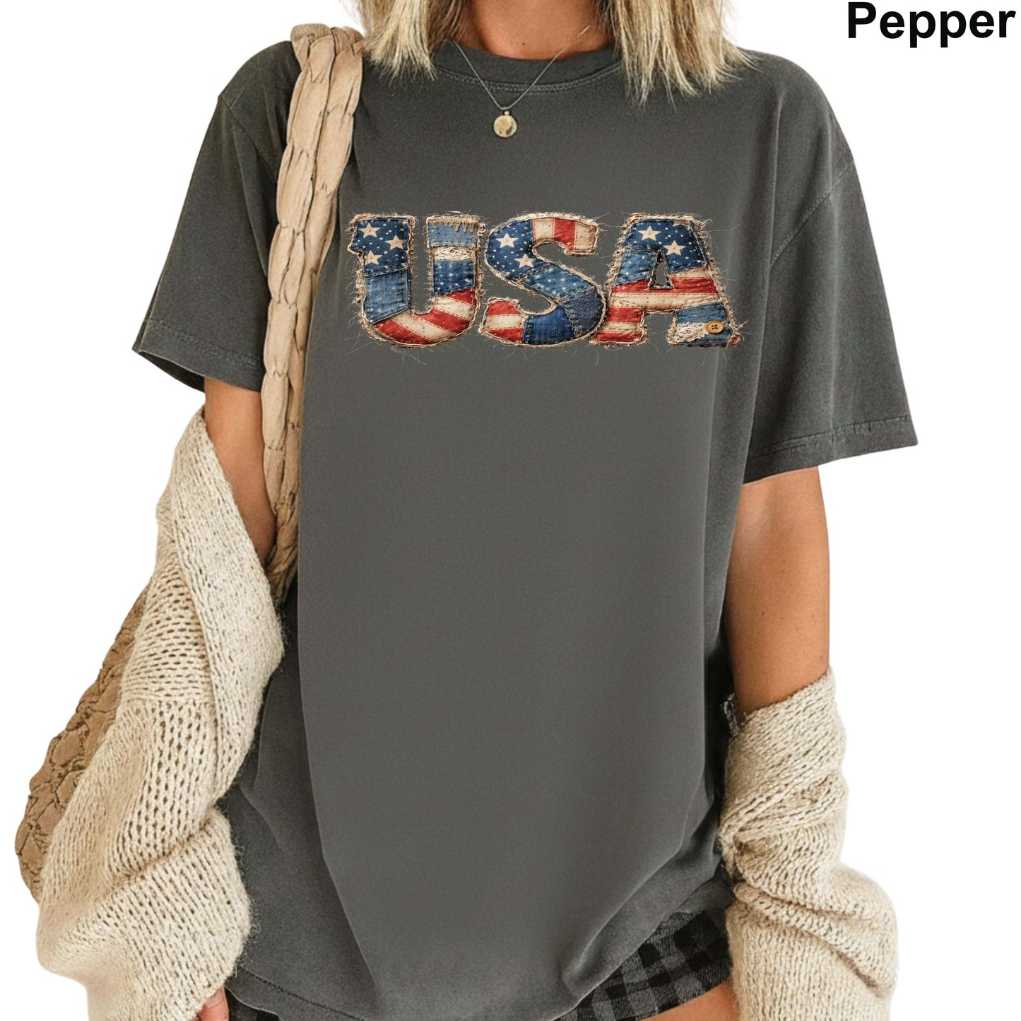 USA Faux Yarn Printed Comfort Colors T Shirt America Flag Heart Apparel Butterfly American Tees America Coquette Bow Clothing