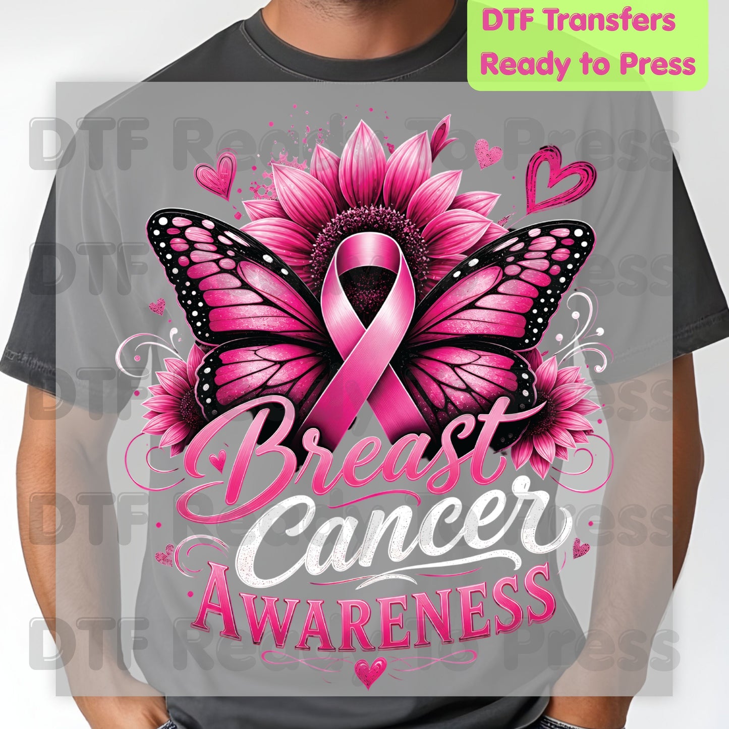 Breast Cancer Awareness Pink Butterfly Sunflower DTF Transfer Ready to Press Heat Transfer Tees